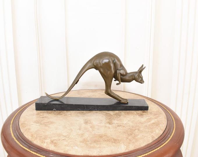 Signed Delabasse Bronze Kangaroo Sculpture – Vintage Marble Base Art