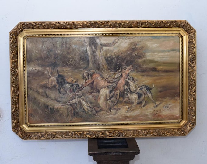 Dogs Attack on Deer - Hunter Scene - Antique Painting on Canvas - Unique Old Frame - Falat Hunting Landscape - Wall Art - Home Decor