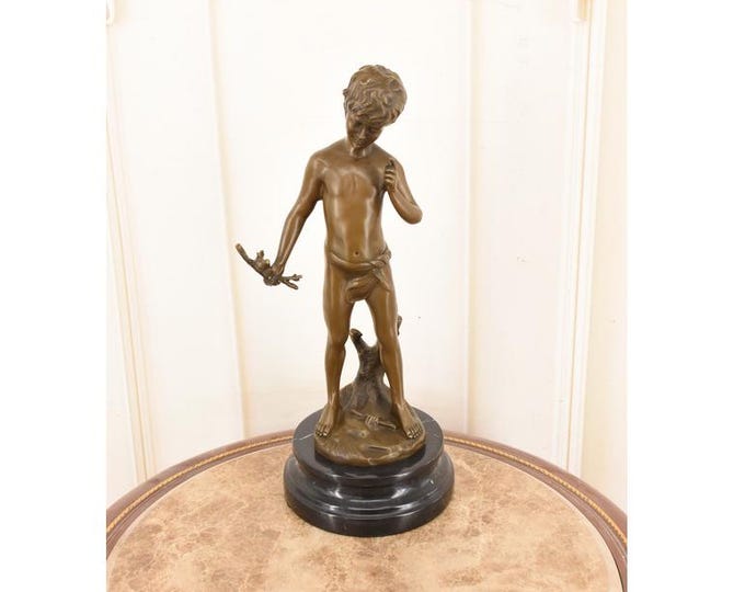 A. Moreau Style Bronze Boy with Bird Sculpture – Signed French Figurine Marble Base