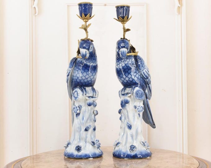 Blue Porcelain Parrot Candlestick Set – Bronze Regency Birds – Boho Chic Home Decor – Exotic Gift – Unique Table Centerpiece