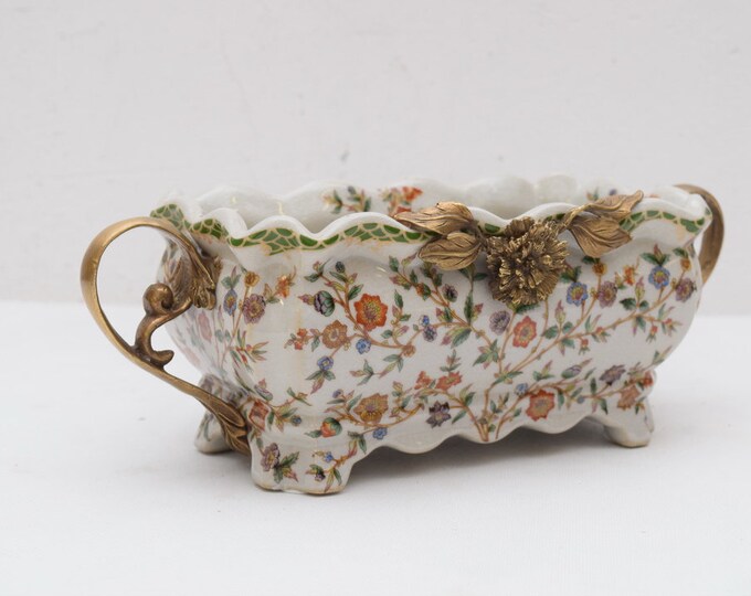 Porcelain bowl - flowers bronze ornaments - plateau porcelain vintage - luxury bowl gift wedding