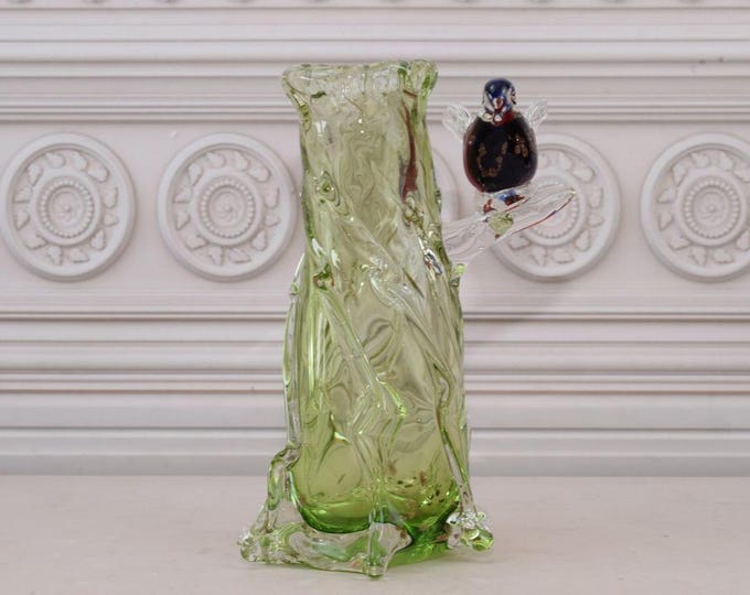 Green Vase Murano Glass - Flower Vase Murano Style - Bird Figurine - Richly Decorated - Italian Luxury Glass - Home Decor Gift