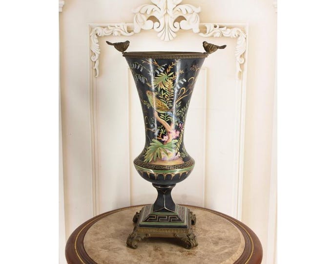 Black Porcelain Vase with Two Bronze Birds | Hand-Painted Bird Motif | Unique Vintage Decorative Vase – Home Decor