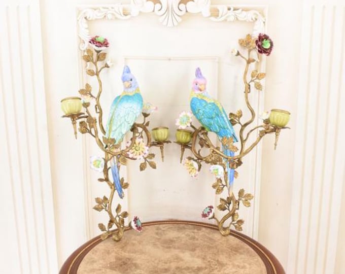 Vintage Porcelain Sconces with Bronze Mounts – Hand Painted Parrots Wall Candle Holders