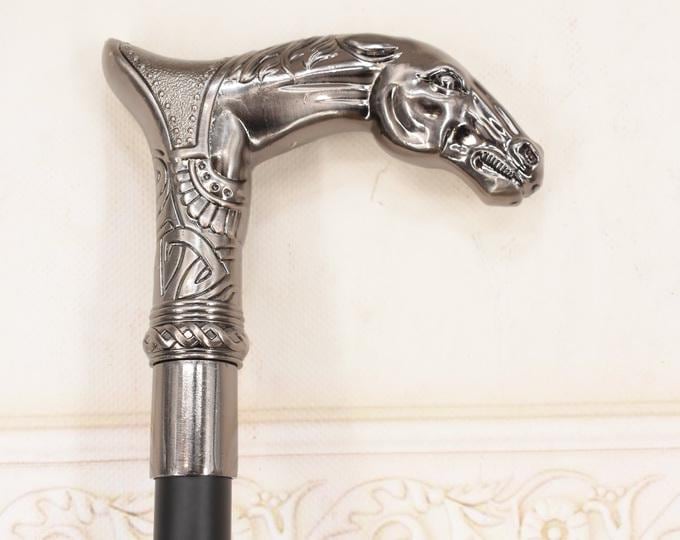 Brass Walking Stick with Horse Head Handle – Aluminium Cane, Father's Gift