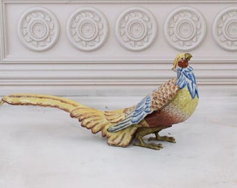 Porcelain Pheasant Figurine on Bronze Legs: Colorful Bird Decor