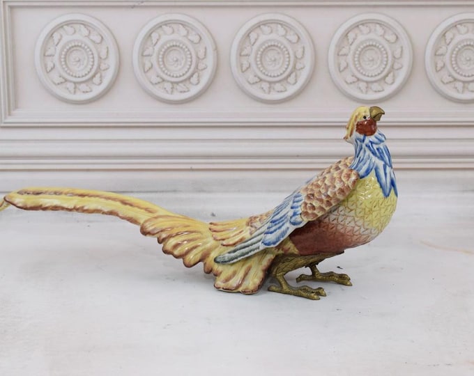 Limited Figurine! Porcelain Pheasant on Bronze Legs, Colorful Porcelain Bird Figurine, Gift idea for Hunter, Home or Office Decor