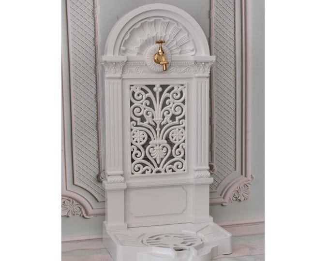 Aluminum White Wall Fountain with Brass Faucet Tap,  Fountain Metal Wall Sink, Patio &  Wall Ornament Outdoor - Garden Decor Vintage Faucet
