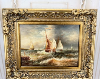 Beautiful Vintage Maritime Painting – Sailing Ships at Sea