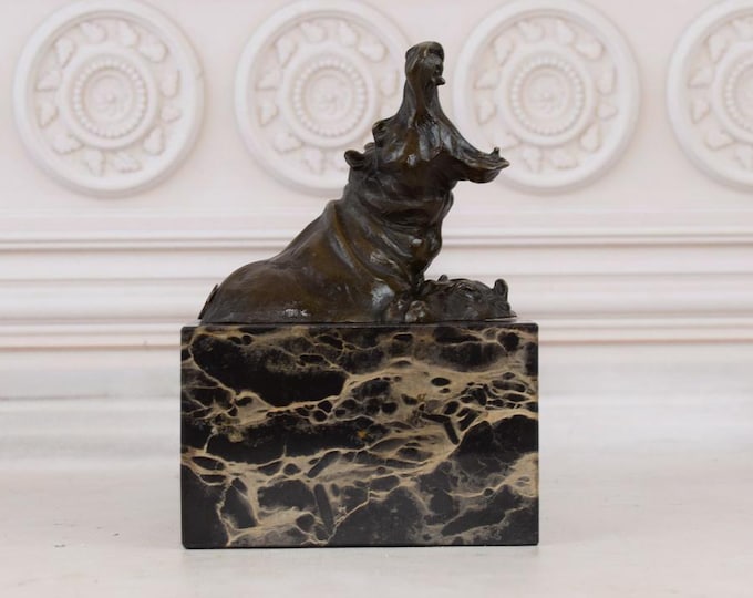 Funny Hippo Statue - Lazy Sculpture Hippopotamus on Marble Black - Elegant Office and Home Decor - Vintage Figure