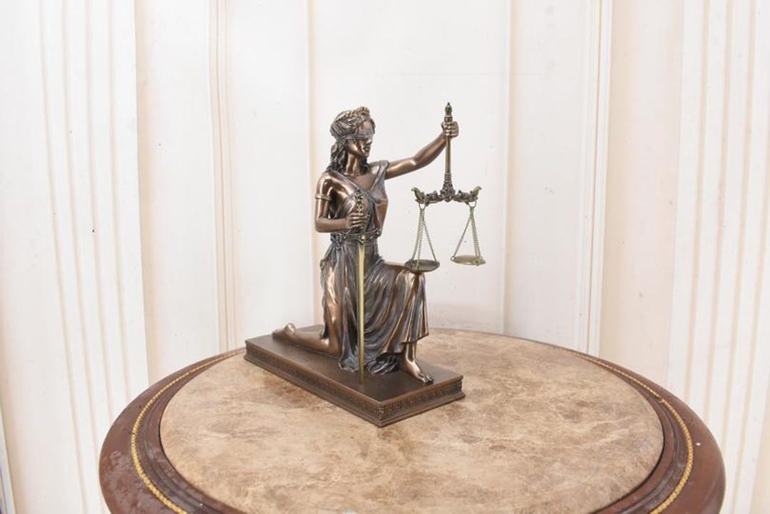 Bronzed La Justicia with Scales and Sword Statue 8 In