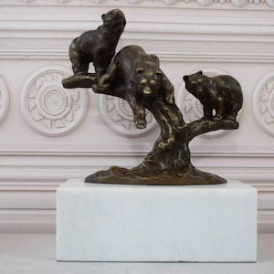 Family Bears Bronze Sculpture - Bears on the Tree Statue on Marble Base Home Decor - Vintage Statue - Good Gift Idea