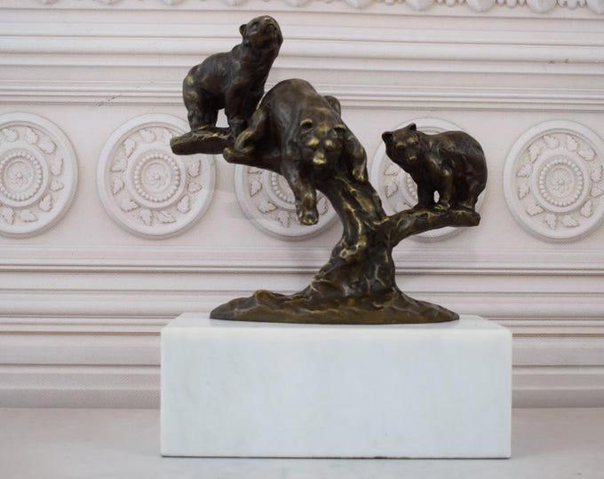 Family Bears Bronze Sculpture - Bears on the Tree Statue on Marble Base Home Decor - Vintage Statue - Good Gift Idea