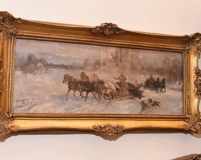 Antique Hunting Painting | Winter Landscape with Hunter | Falat Oil on Wood in Gilded Frame | Gift for Hunter
