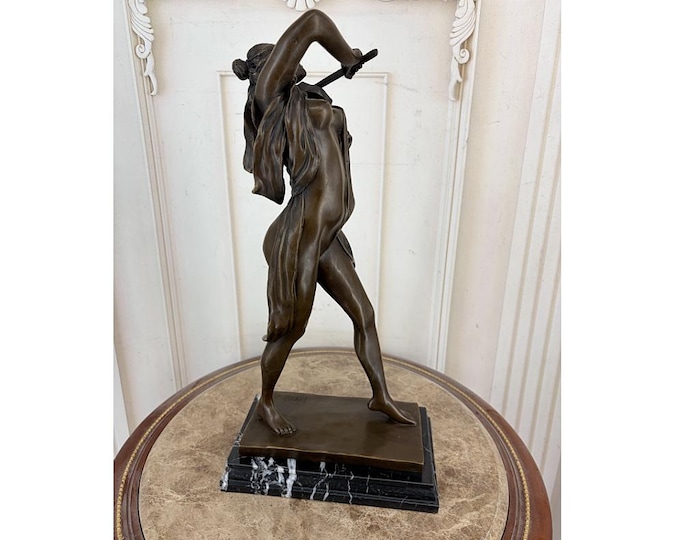 Signed Bronze Violinist Sculpture – Art Nouveau Female Musician Statue, Marble Base