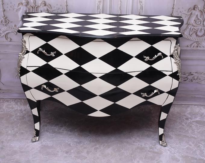 Baroque French Commode – Vintage Black and White Diamond Chest