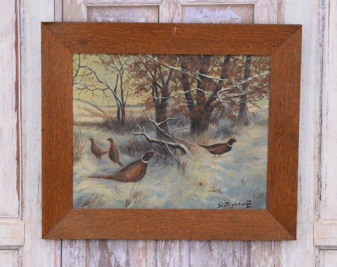 Antique Painting Oil on Canvas Landscape Pheasants in Winter Scene - Filipkiewicz Handmade Painting - Polish Landscape - Wall Home Decor