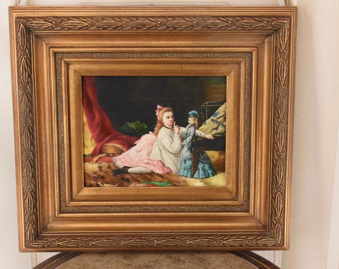 Painting Portrait Girl with Doll – Nice Golden Frame – Old Oil on Wood – French Art – Wall Decor – Unique Gift