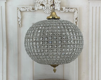 Large Brass Globe Chandelier - Glass Crystal Hanging Lamp - Vintage Ceiling Light - Statement Lighting Fixture