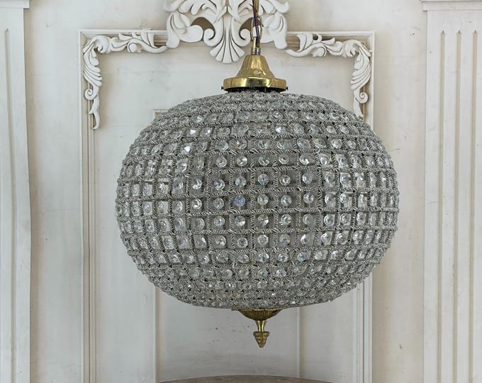 Large Brass Globe Chandelier - Glass Crystal Hanging Lamp - Vintage Ceiling Light - Statement Lighting Fixture