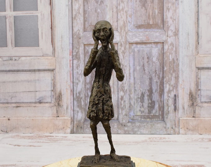 Unique Modernist Bronze Sculpture on Marble Base - Scream after E.Munch Style Figure - Abstract Art Gift Idea -