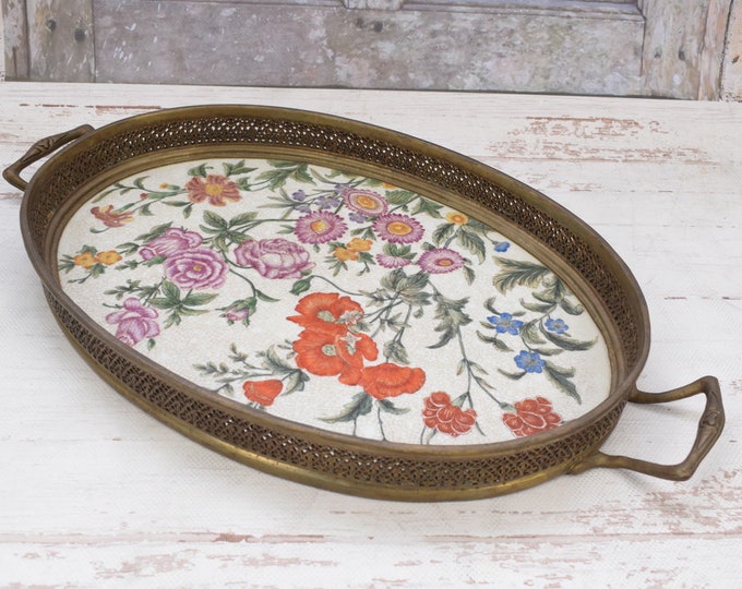 Plateau Porcelain with Bronze Ornaments - Antique Painted Porcelain - Vintage Bowl with Flowers Design Luxury Bowl - Gift Idea for Wedding