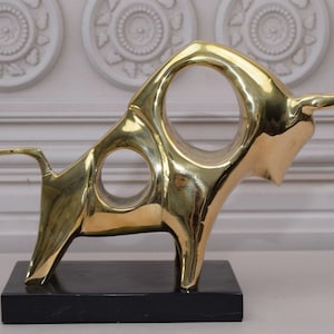 Solid Bronze Gold Statue Abstract Bull - Modernist Gilded Bronze Sculpture Bull - Bull Market - Taurus Bull - Gift Idea for Boss Home Decor