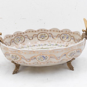 Beautiful porcelain flowers design - bowl with bronze ornaments - dragonfly bronze - purple plateau porcelain antique style