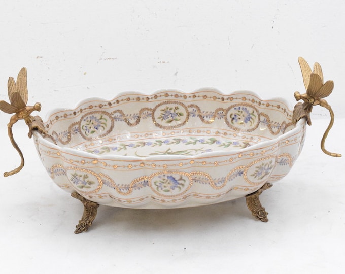 Beautiful porcelain flowers design - bowl with bronze ornaments - dragonfly bronze - purple plateau porcelain antique style