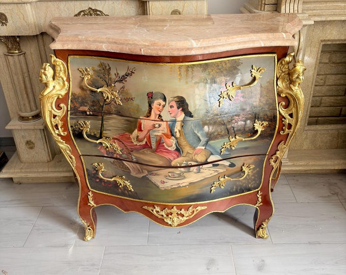 Vintage French Style Painted Commode - Romantic Couple Scene - Marble Top - Ornate Gilt Mounts - Luxury Statement Furniture