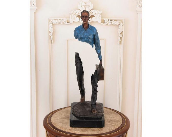 Fragmented Man with Briefcase — Contemporary Bronze on Marble, Cold-Painted Patina | Surreal Figurative Sculpture
