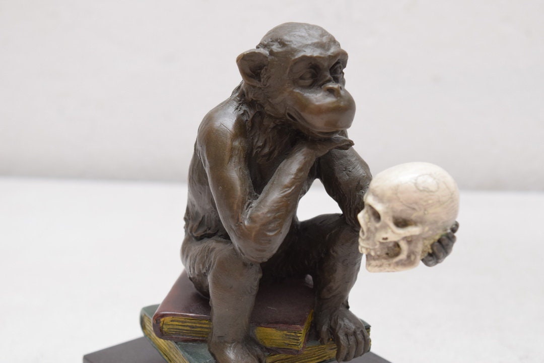 Darwin Thinker Monkey Skull Head Bronze Sculpture Figurine Etsy