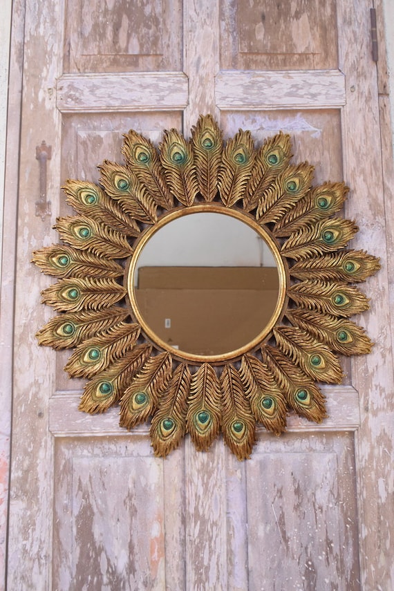 Mirror Round Peacock Wings Gold Resin Art Deco Style Wall Decor