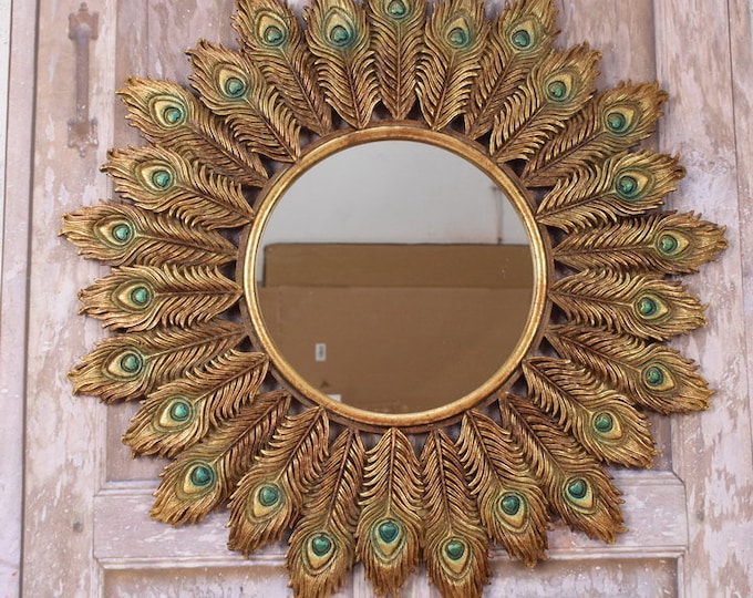 Mirror Round Peacock Wings - Gold Resin Art Deco Style - Wall Decor - Gift for Wedding - Peacock Mirror - Elegant Mirror - Home Decor