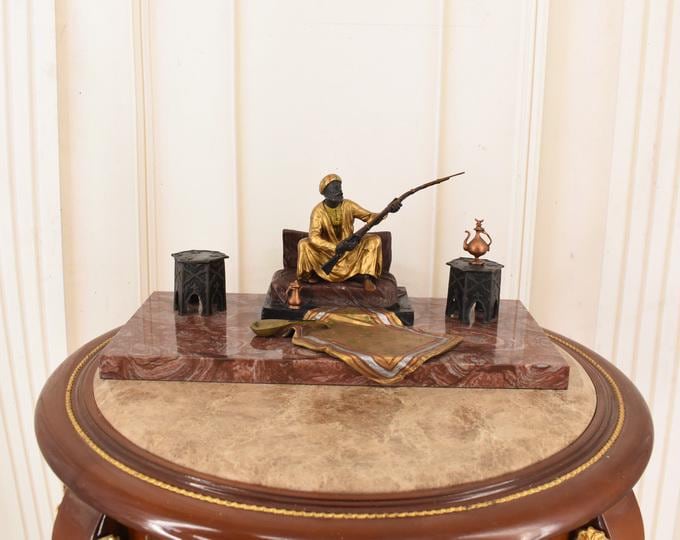 Vintage Bronze Inkwell Sculpture, Arab Figure, Marble Base Desk Decor