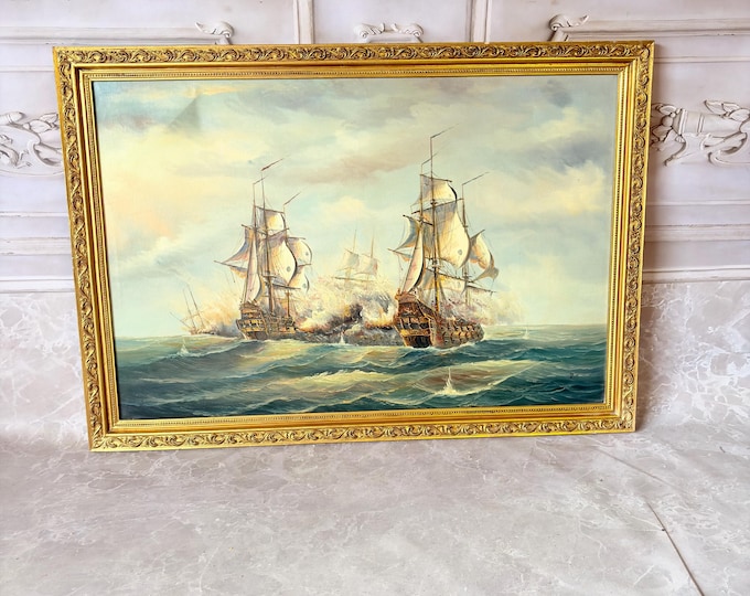 Vintage Naval Battle Oil Painting – Sailing Ships at Sea, Framed Maritime Wall Art