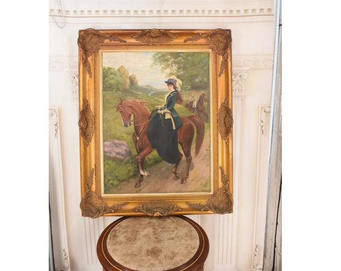 Vintage Equestrian Oil Painting – Aristocratic Lady on Horseback, Juliusz Kossak Style Canvas