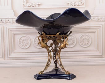 Cobalt Porcelain Fruit Plate: Bronze Swan Sculptures, Home Decor