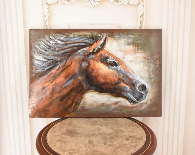 Vintage 3D Horse Head Metal Wall Art – Equestrian Relief Picture – Rustic Decor