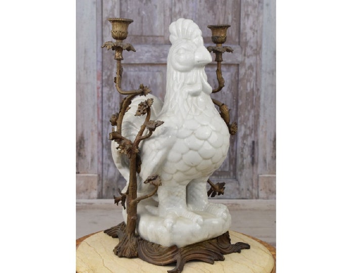 Porcelain Rooster and Bronze Candlesticks - Antique Porcelain Candlestick - Rooster Art Nouveau - Regency Decor - Home Decor - Gift Idea