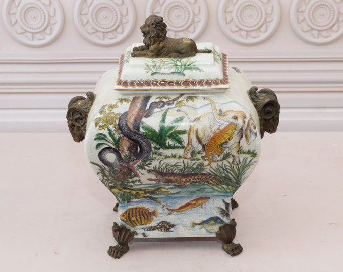 Porcelain Box with Flowers and African Animals Design - Bronze Ornaments - Kitchen Decor Box - Oriental Exclusive Casket - Home Decor