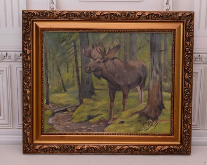 Moose in the Forest - Hunter Scene - Antique Painting on Canvas - Unique Old Frame - Falat Summer Landscape - Wall Art - Home Decor Wall Art