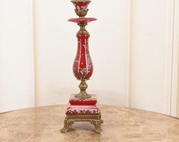 Art Nouveau Red Porcelain Candlestick with Bronze Ornaments – Vintage Candle Holder