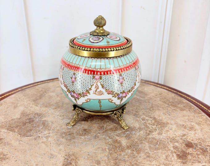 Vintage Japanese Porcelain Trinket Box – Hand Painted Urn with Bronze Mounts
