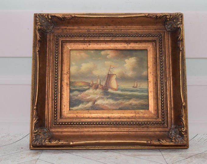 Vintage Painting Boat on Sea - Painting with Gold Frame - Sea Lovers Art - Painting HandMade Wall Decor - Home Decor - Gift Idea