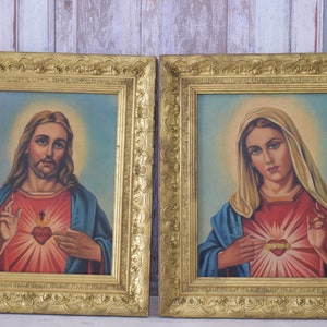 Tableaux anciens faits main Cœur de Jésus et le cœur de Marie 2 tableaux sacrés Tableau ancien d'Adam Styka Jésus et Marie Idée cadeau image 1