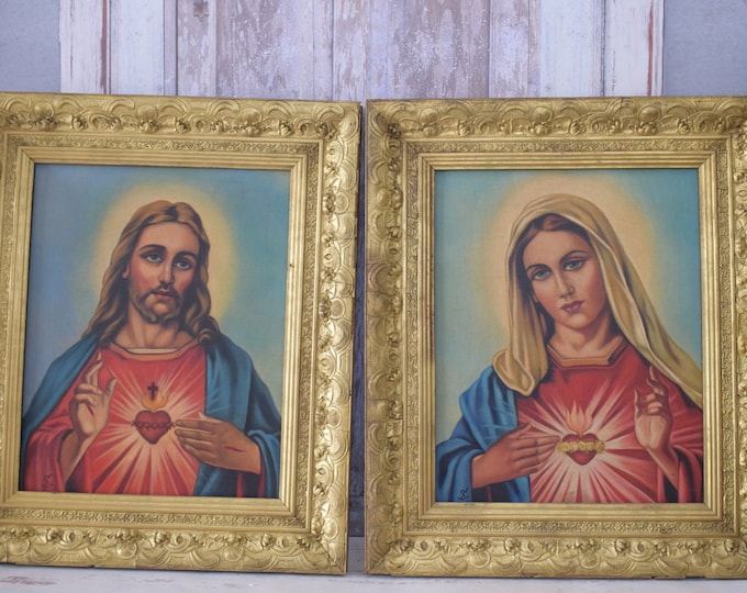 Antique Handmade Paintings - Heart of Jesus and the Heart of Mary - 2 Sacred Paintings - Adam Styka Old Painting Jesus and Mary - Gift Idea