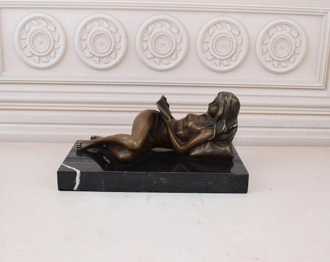 Bronze Act Woman Reading Book - Lying Woman Bronze On Marble Base - Female Act Figure - Vintage Figure - Home and Garden Decor - Gift Idea
