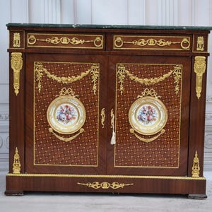 Louis XVI Style Marquetry Commode – Porcelain Medallion, Marble Top, Bronze Ormolu, French Antique Chest of Drawers - Gift for Birthday