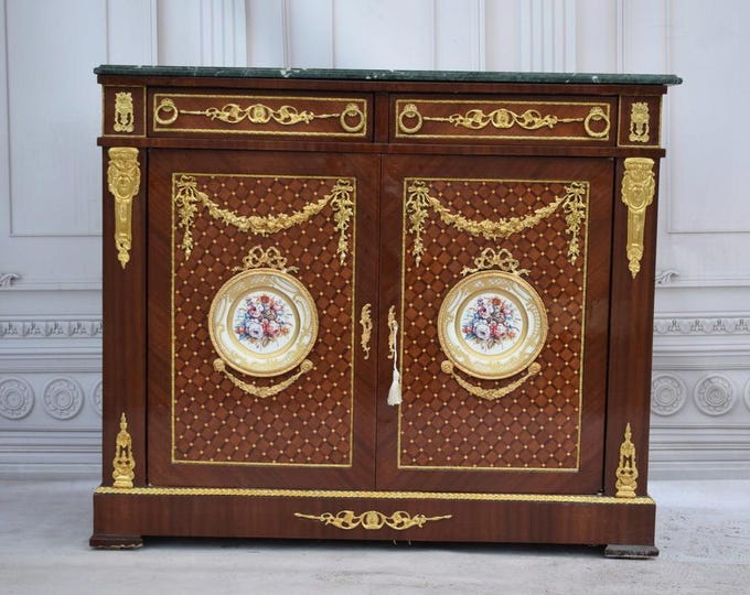 Louis XVI Style Marquetry Commode – Porcelain Medallion, Marble Top, Bronze Ormolu, French Antique Chest of Drawers - Gift for Birthday